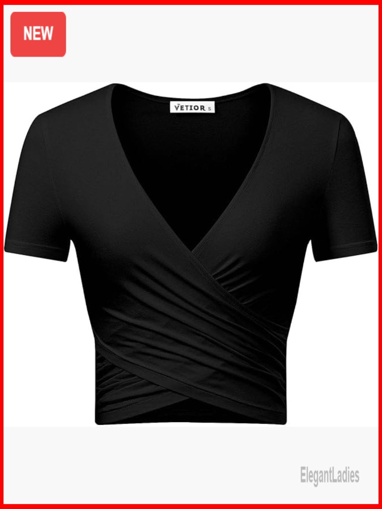 Deep V Neck Short Sleeve Slim Fit Cross Wrap Crop Top Going Out Top